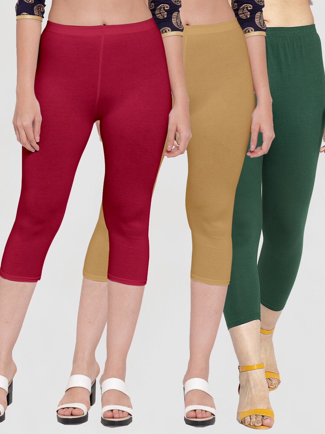 

Jinfo Women Green & Maroon Pack Of 3 Solid Capris