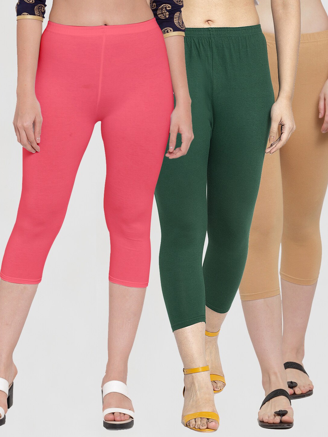 

Jinfo Women Beige & Green Pack Of 3 Solid Capris