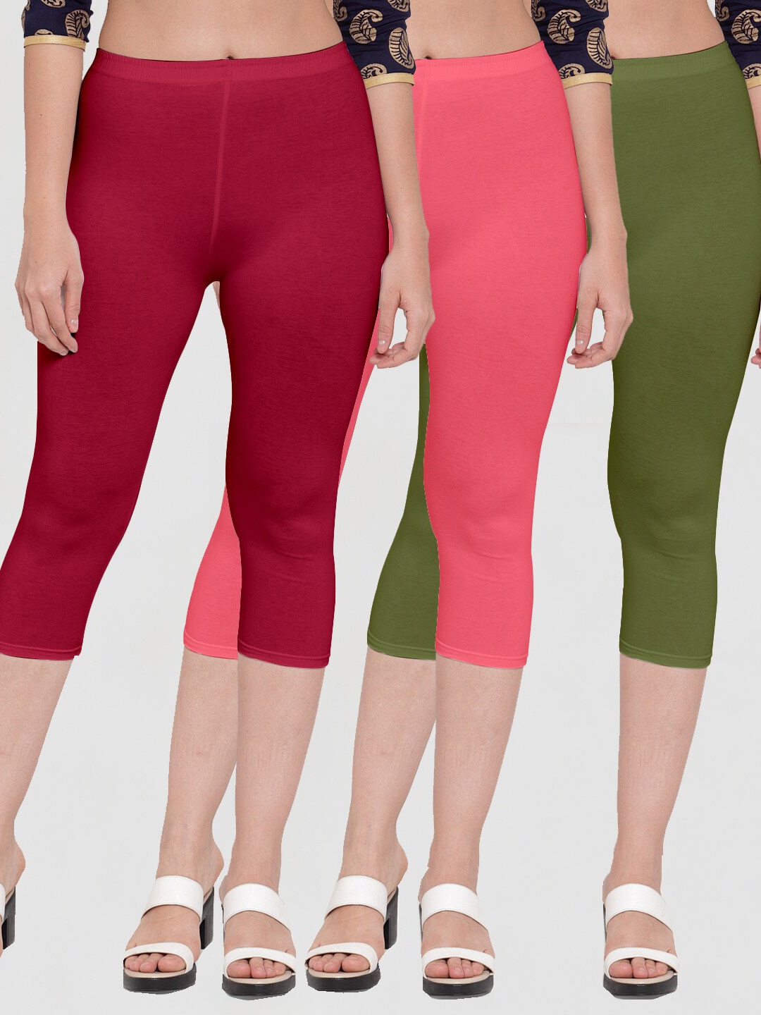 

Jinfo Women Maroon & Pink Pack Of 3 Solid Capris