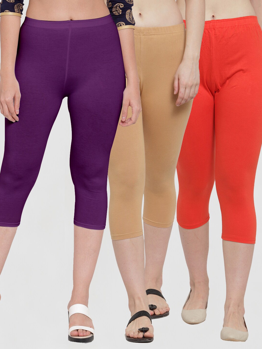 

Jinfo Women Orange & Cream-Coloured Pack Of 3 Solid Capris