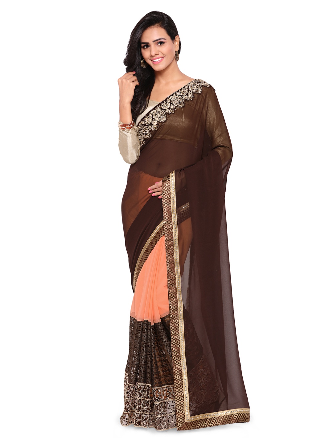 

Kalista Brown Poly Georgette Solid Banarasi Saree