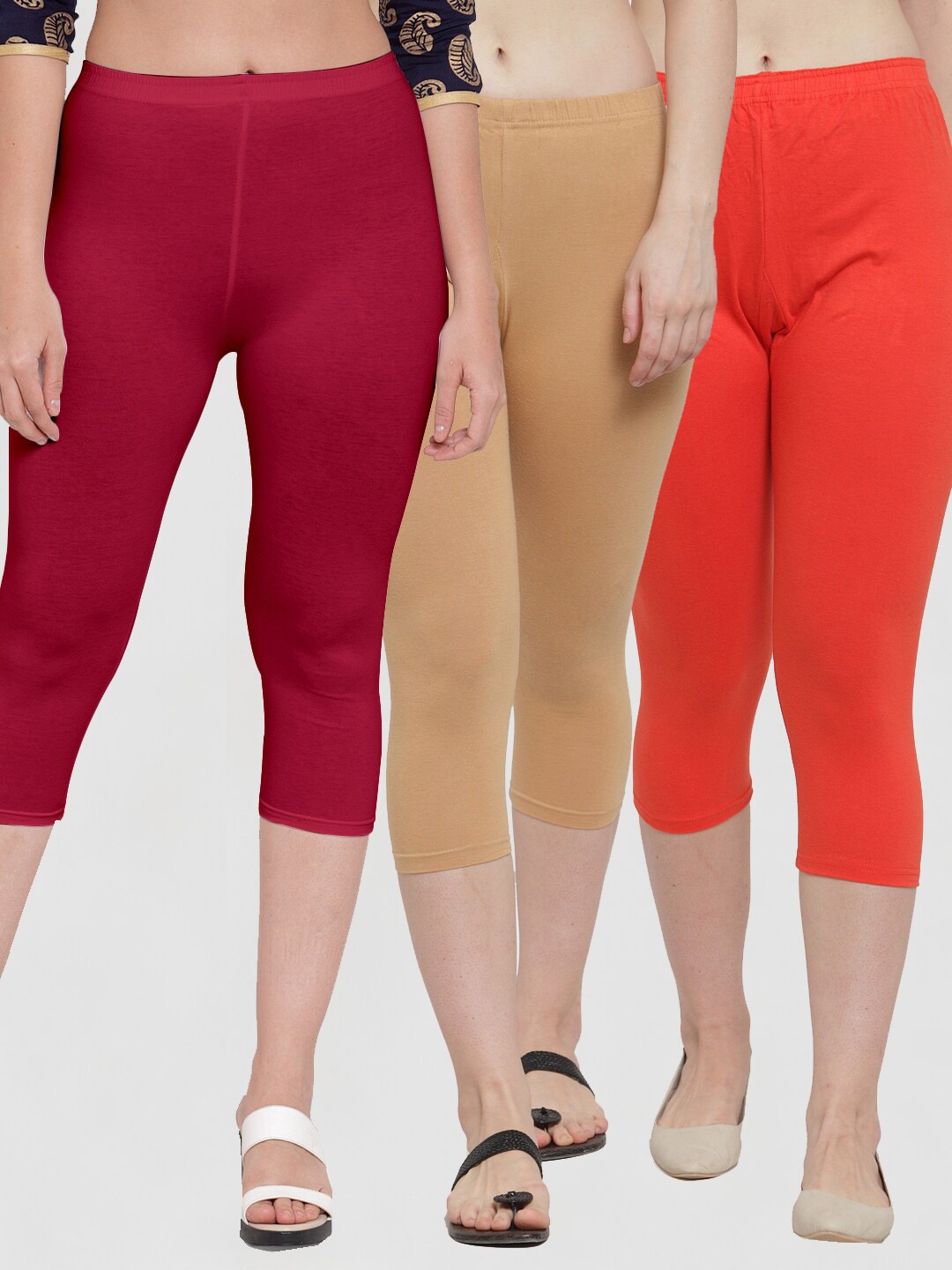 

Jinfo Women Orange & Nude-Coloured Pack Of 3 Solid Capris