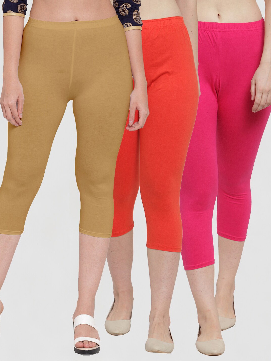 

Jinfo Women Pink & Orange Pack Of 3 Solid Capris