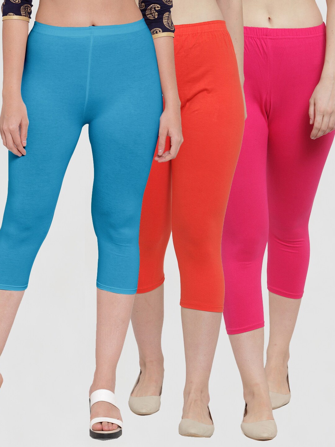 

Jinfo Women Pink & Orange Pack Of 3 Solid Capris