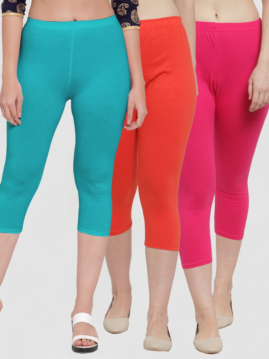 

Jinfo Women Pink & Orange Pack Of 3 Solid Capris