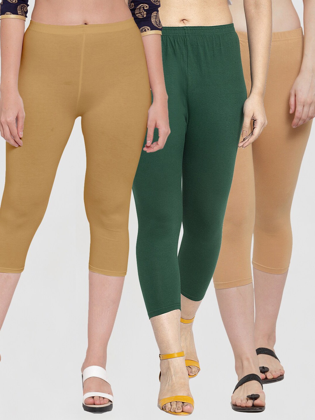 

Jinfo Women Beige & Green Pack Of 3 Solid Capris