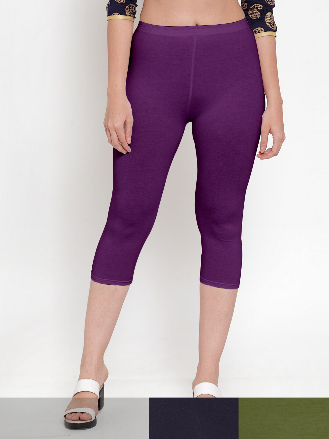 

Jinfo Women Purple & Navy Blue Pack Of 3 Solid Capris
