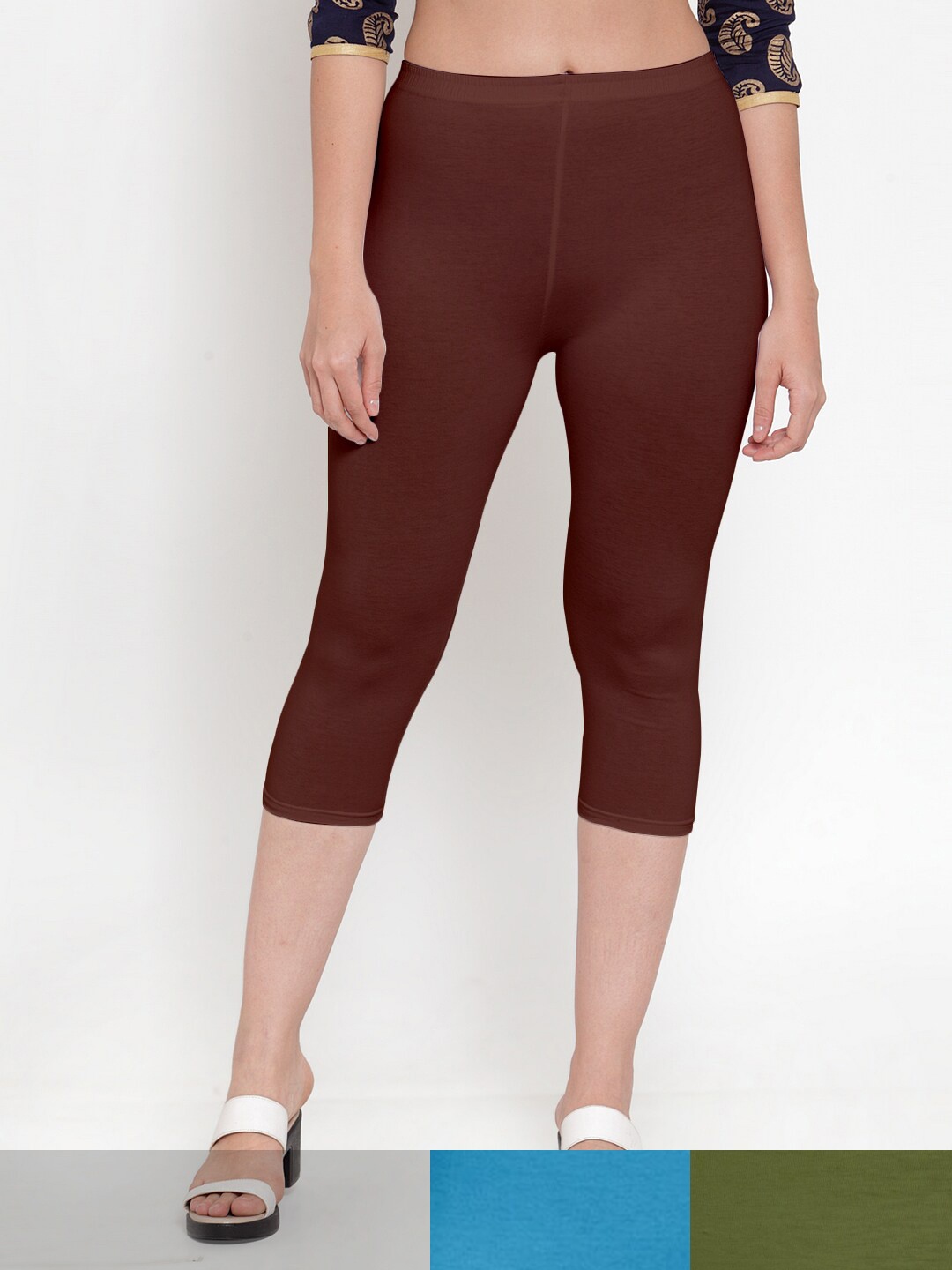 

Jinfo Women Brown & Blue Pack Of 3 Solid Capris