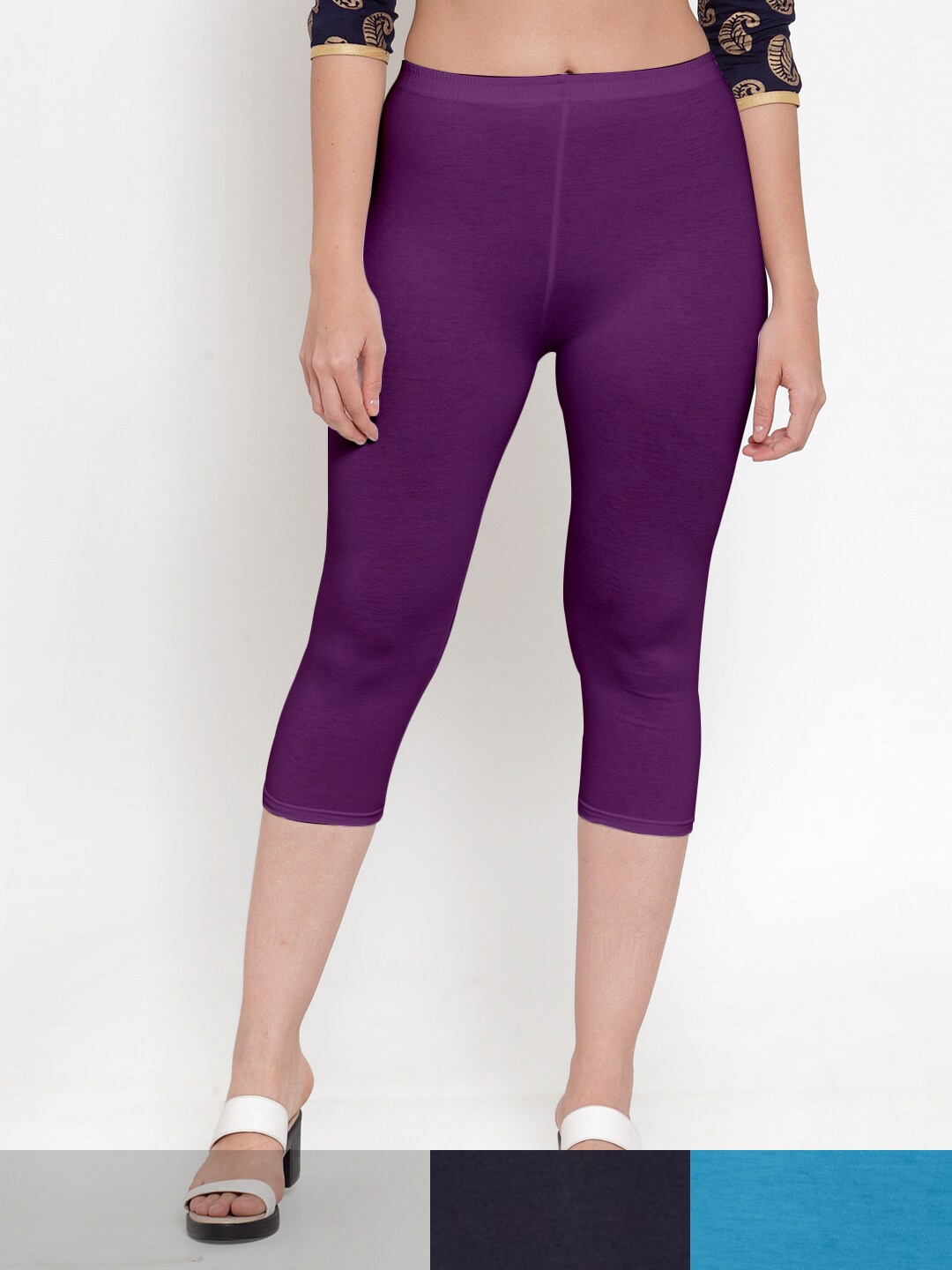 

Jinfo Women Purple & Navy Blue Pack Of 3 Solid Capris