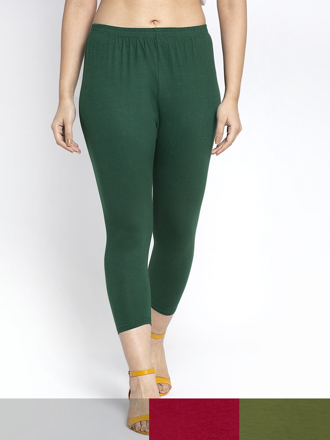 

Jinfo Women Pack Of 3 Green & MaroonCotton Capris