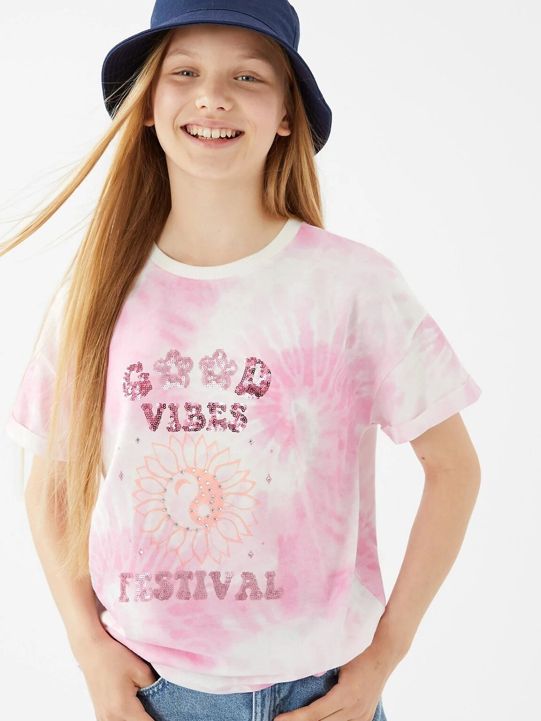 

Marks & Spencer Girls Pink & White Tie and Dye Dyed Cotton T-shirt