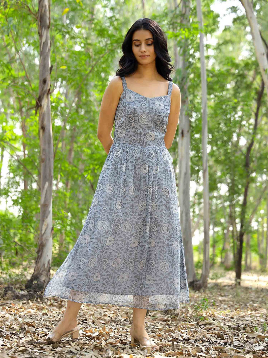 

Kapraaha Women Blue Chiffon Maxi Dress