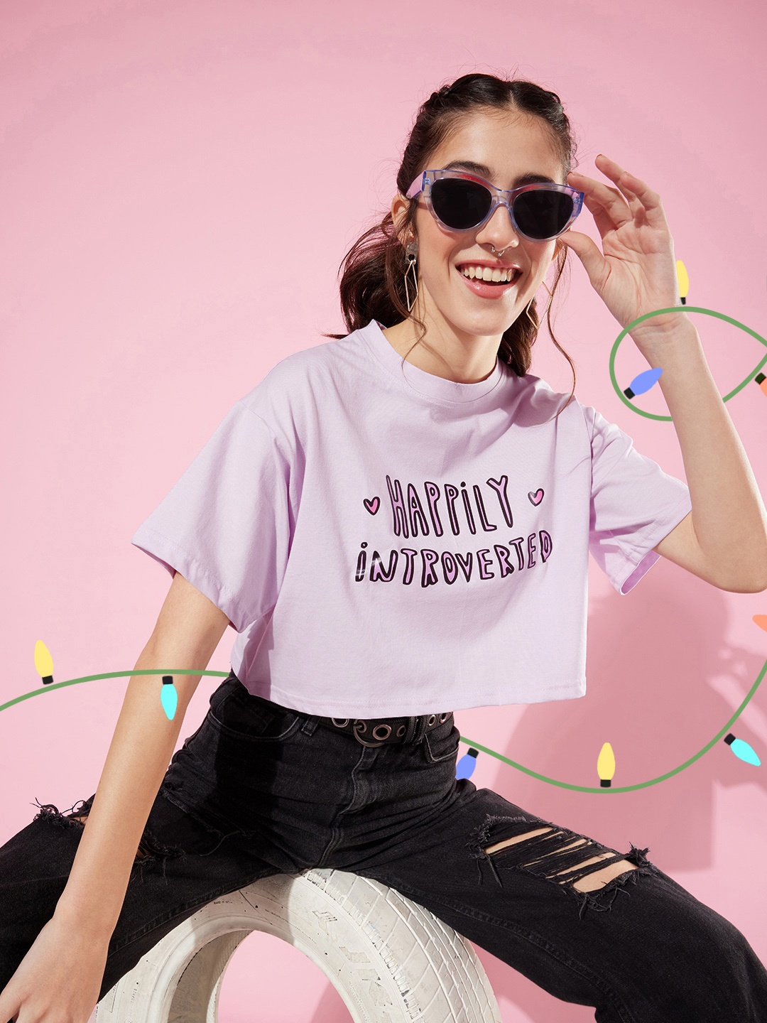 ANVI Be Yourself Women Lavender Typography Print Oversized T-shirt