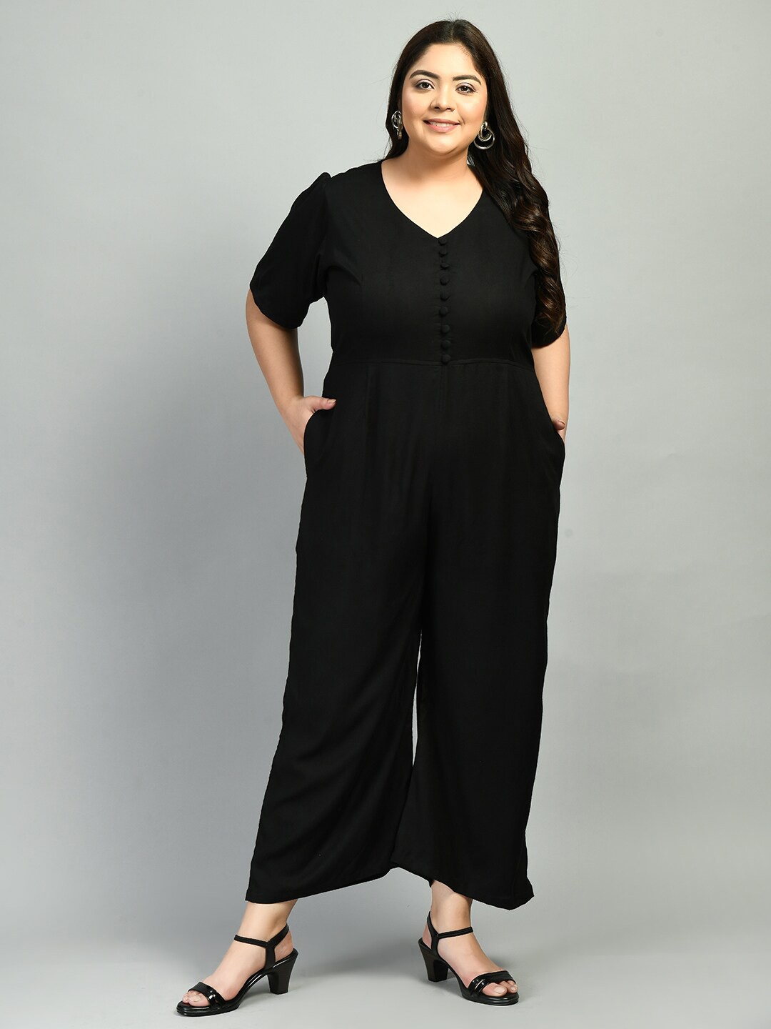 PrettyPlus by Desinoor.com Women Plus Size Black Basic Cotton Jumpsuit
