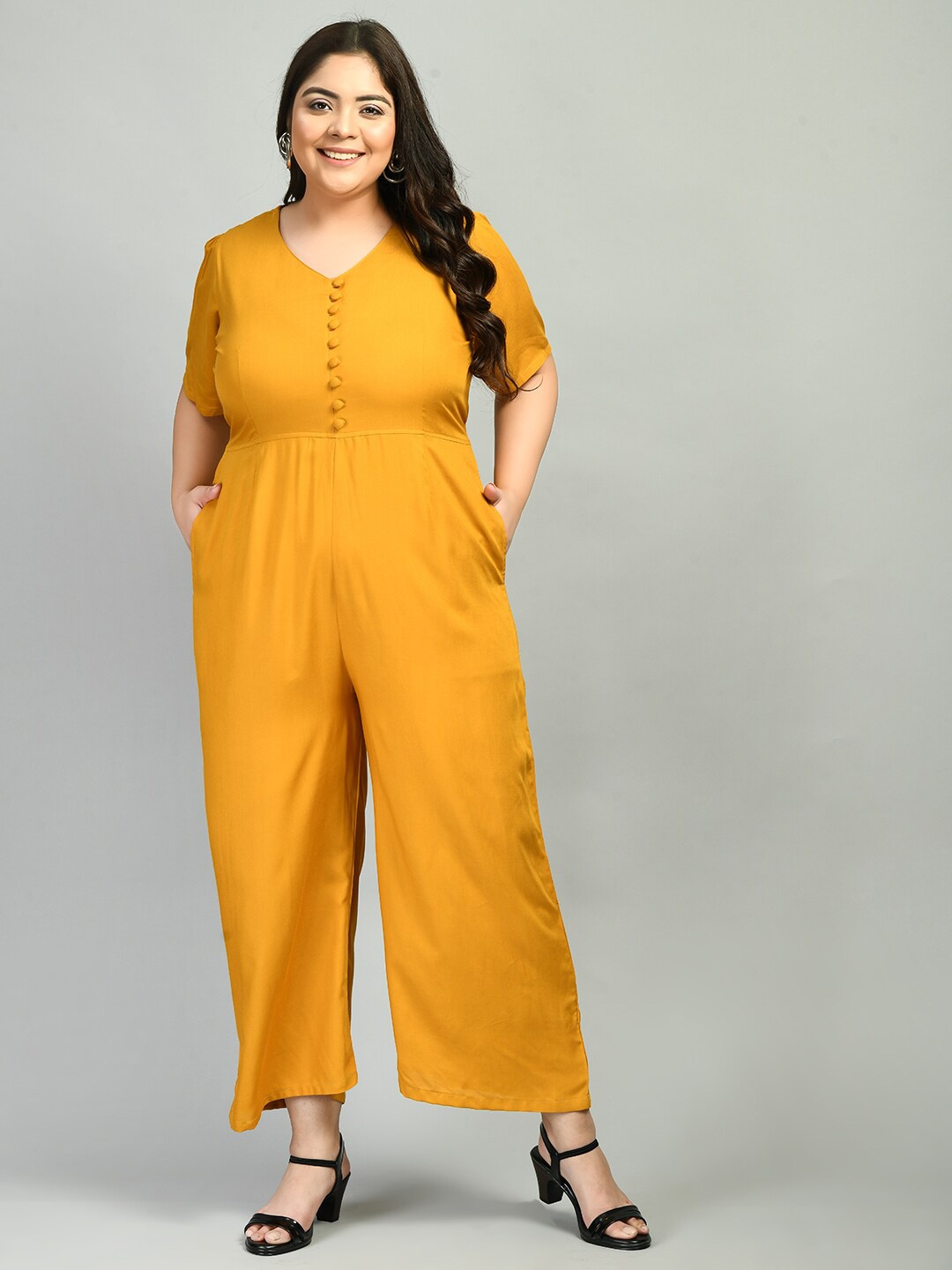 

PrettyPlus by Desinoor.com Women Plus Size Mustard Cotton Basic Jumpsuit