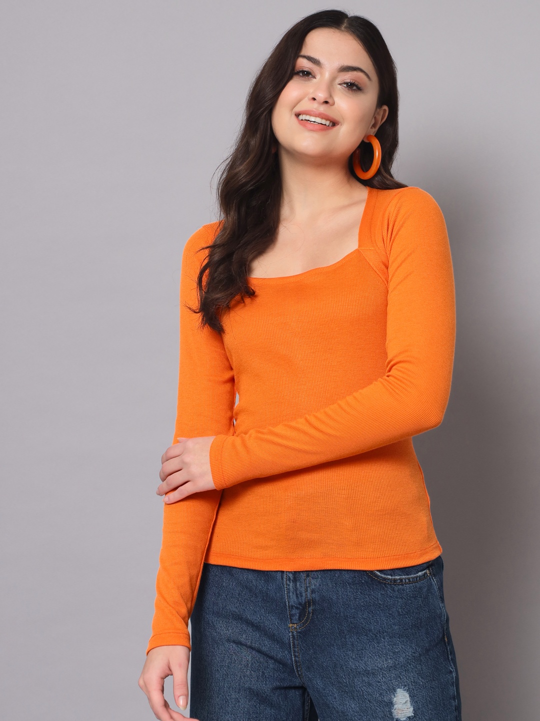 

AAHWAN Women Orange Solid Square Neck Top