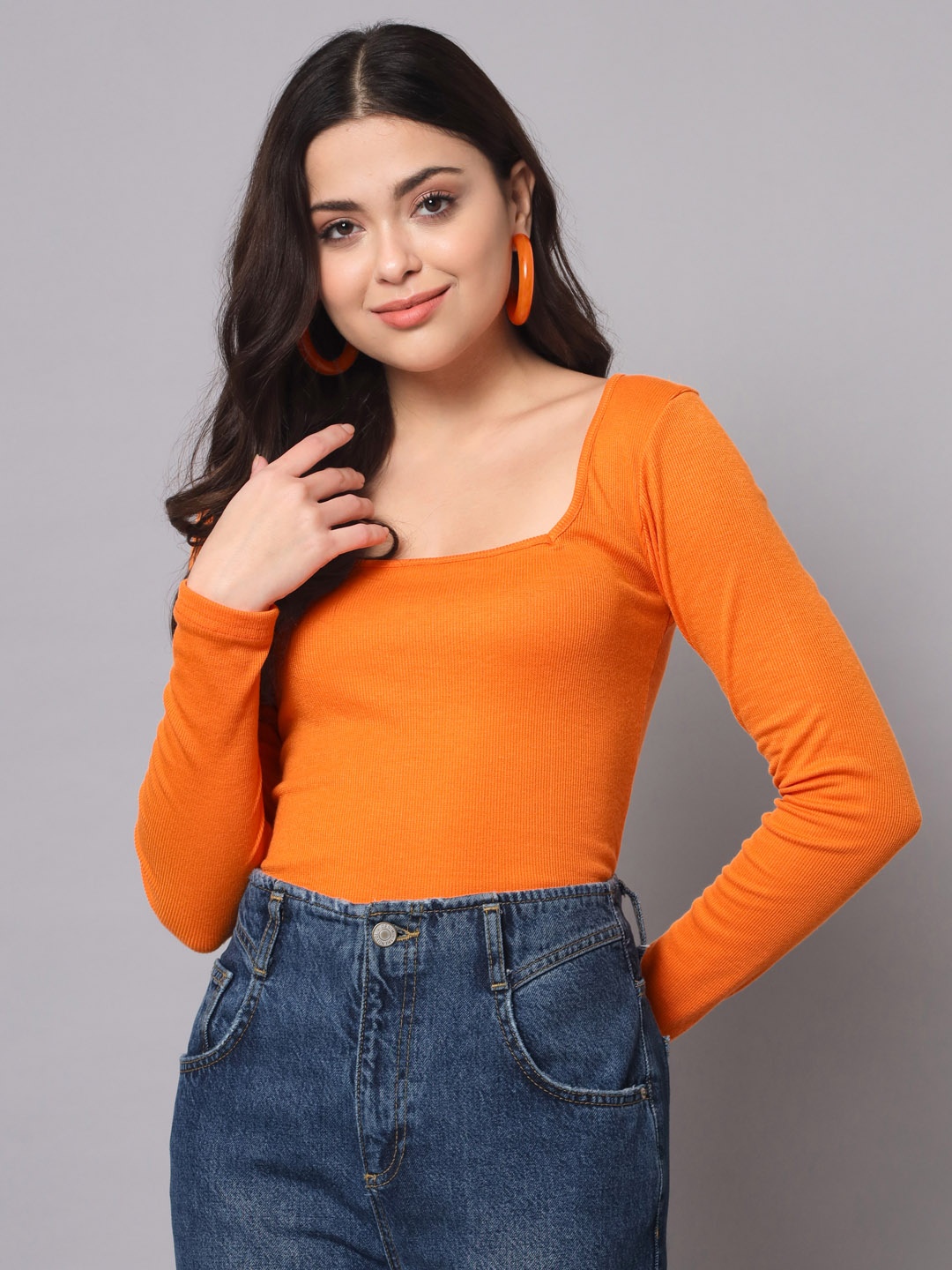 

AAHWAN Women Solid Square Neck Top, Orange