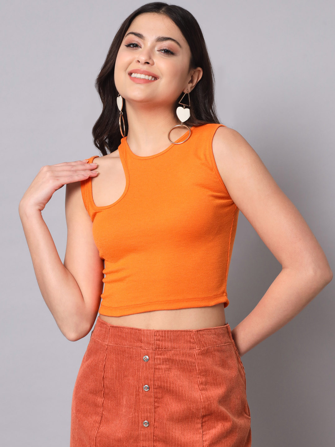 

AAHWAN Women Orange Solid Cut Out Crop Top