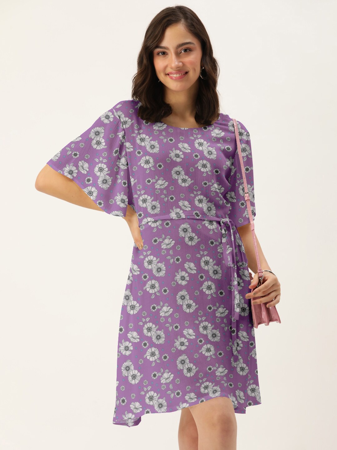

DressBerry Women Purple & White Floral Printed A-Line Dress