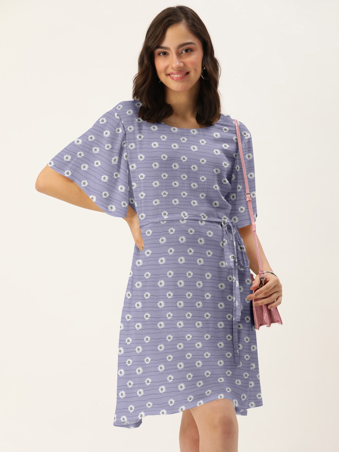 

DressBerry Women Lavender & White Floral Printed A-Line Dress