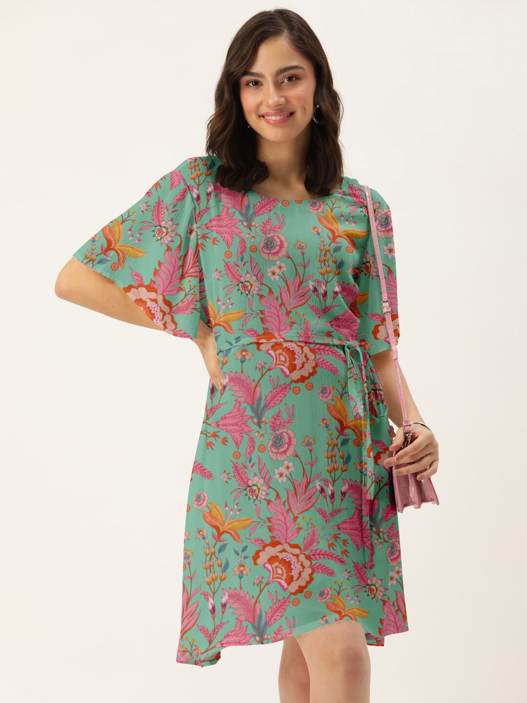 

DressBerry Women Green & Pink Floral Printed Round Neck A-Line Dress