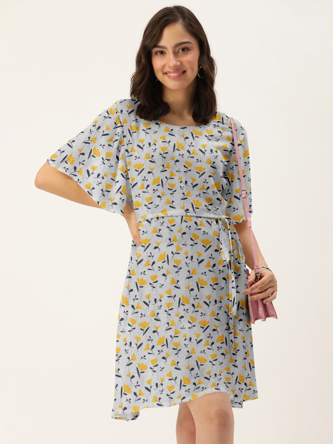 

DressBerry Women Grey & Yellow Floral Printed Round Neck A-Line Dress
