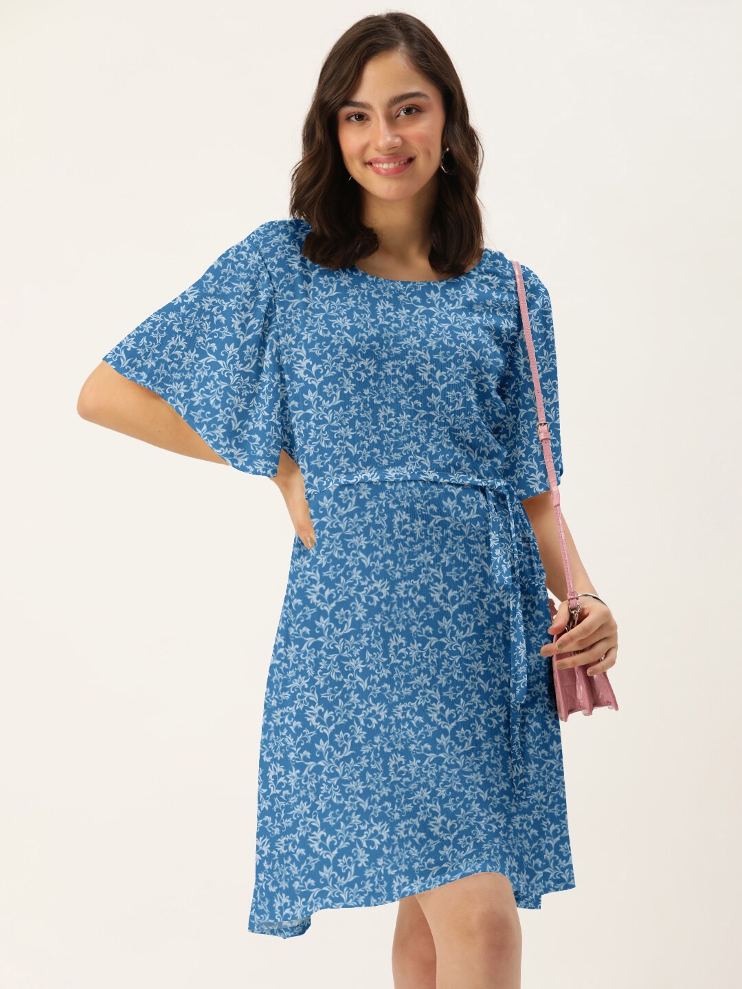 

DressBerry Women Blue Printed Round Neck A-Line Dress