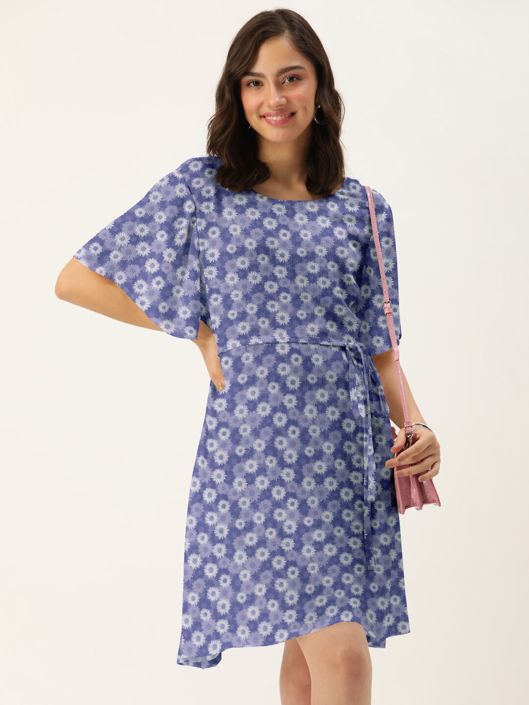 

DressBerry Women Purple & White Floral Printed Round Neck A-Line Dress