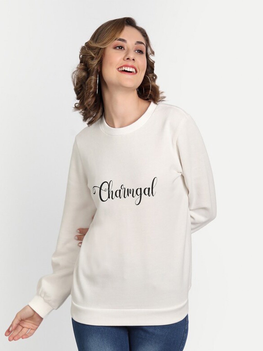 

CHARMGAL Women White & Black Printed Sweatshirt