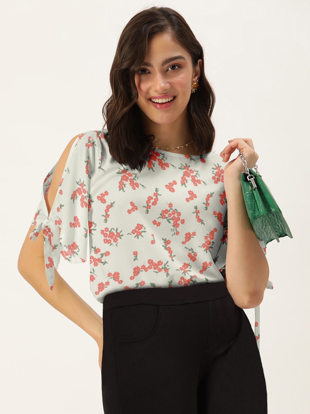 

DressBerry Women Green & Coral Floral Printed Boat Neck Top