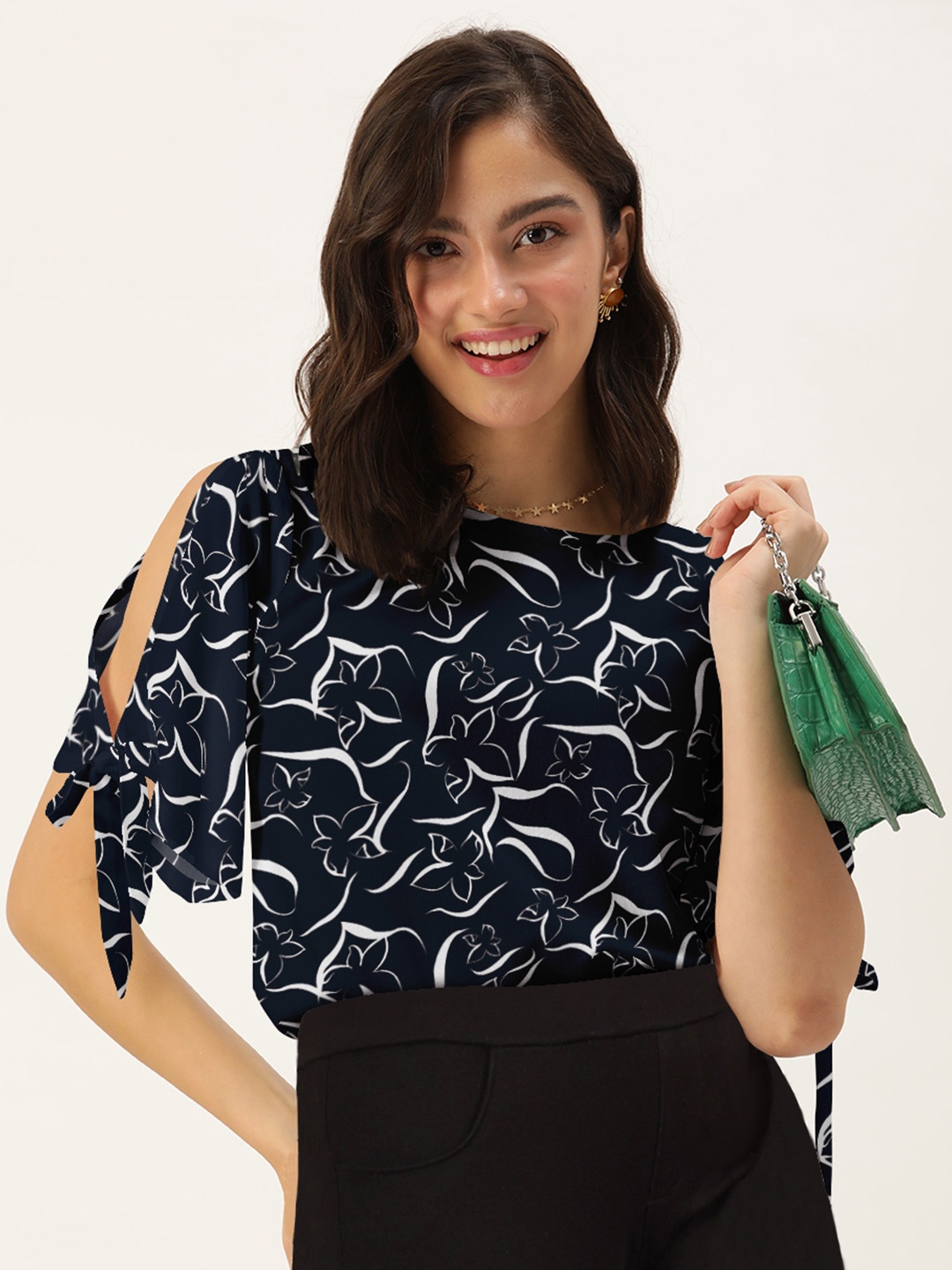 

DressBerry Women Black & White Floral Printed Boat Neck Top