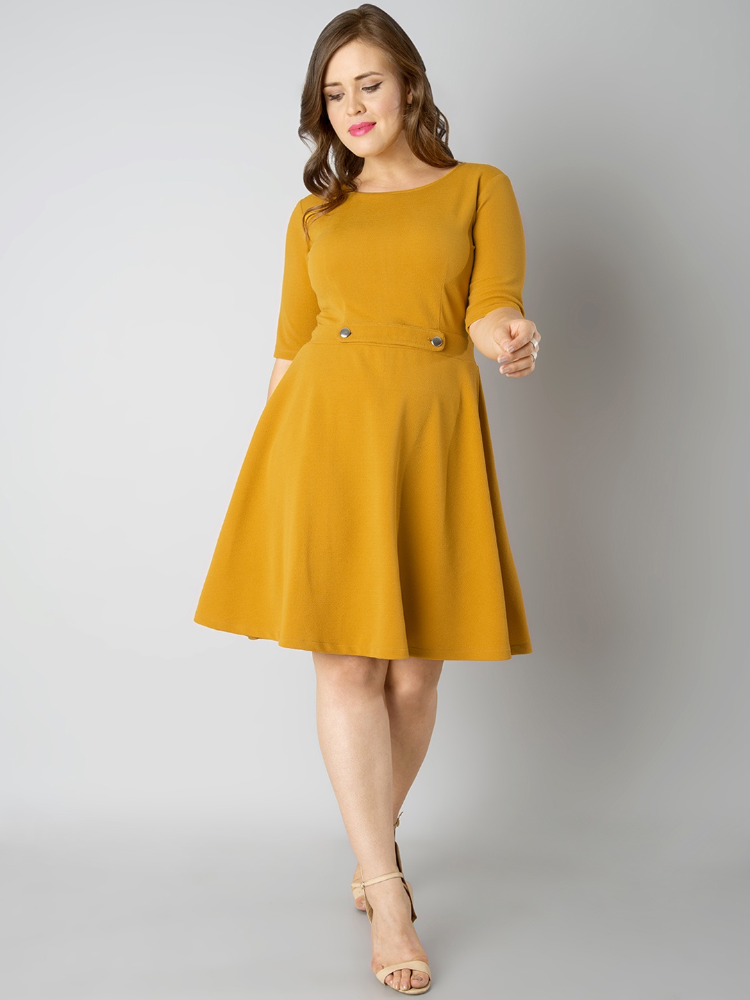 

FabAlley Curve Plus Size Women Mustard Yellow Solid Fit and Flare Dress