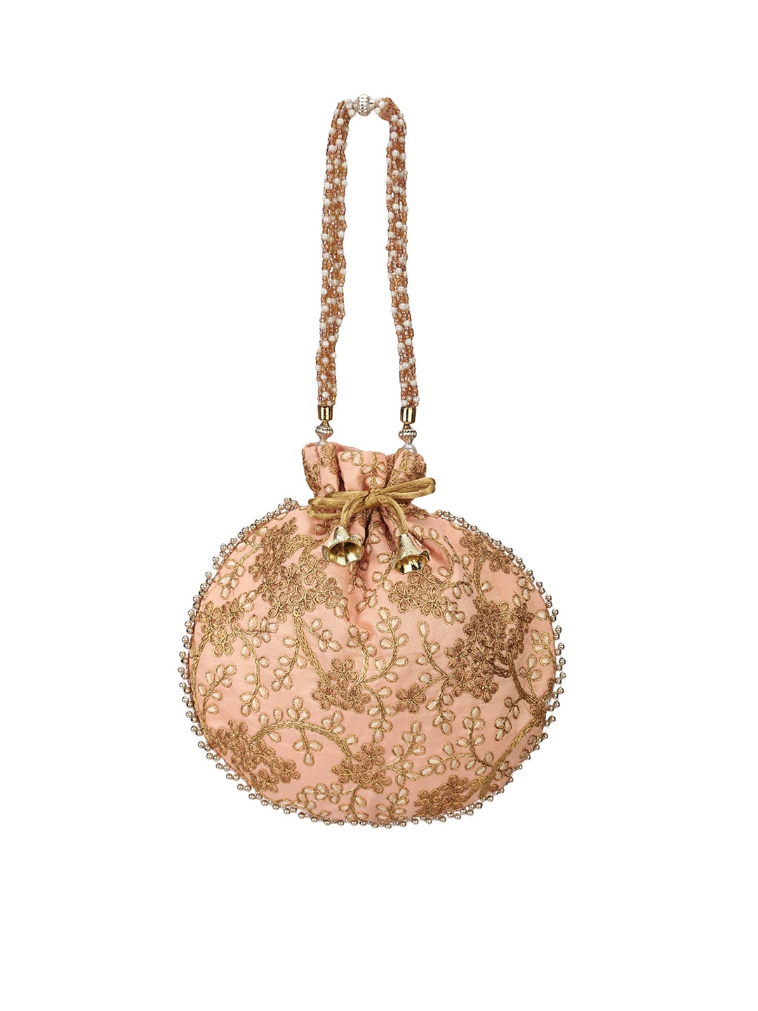 

Aditi Wasan Women Peach-Coloured & Gold-Toned Embroidered Embroidered Potli Clutch