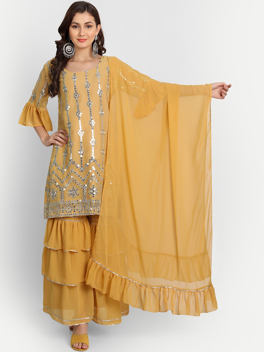 

BCZ Style Women Mustard Yellow Embroidered Straight Kurta with Sharara & With Dupatta