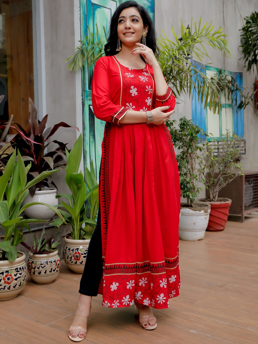 

Indi INSIDE Round Neck Ethnic Motifs Printed A-Line Kurta, Red