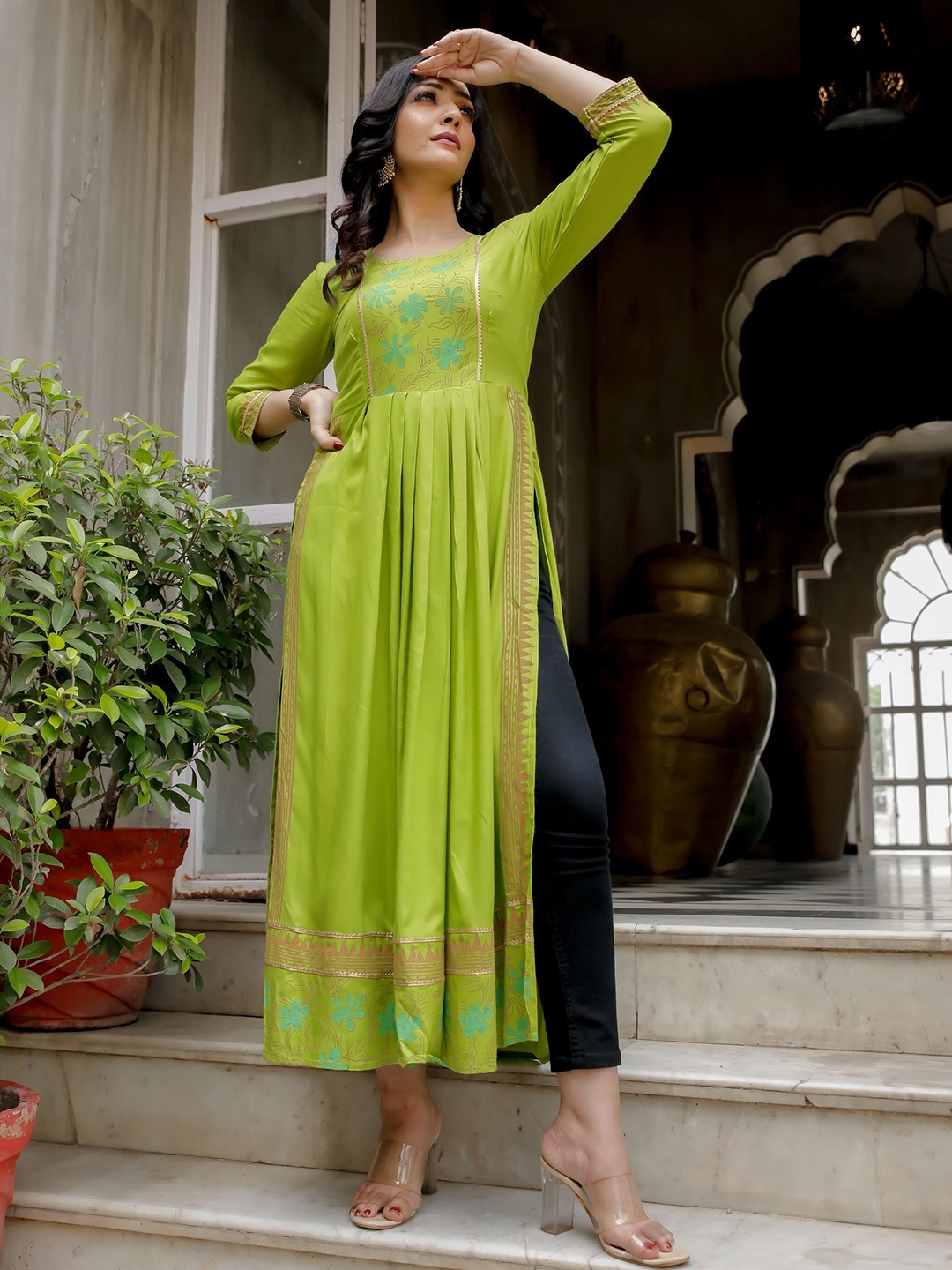 

Indi INSIDE Ethnic Motifs Block Printed A-Line Kurta, Green