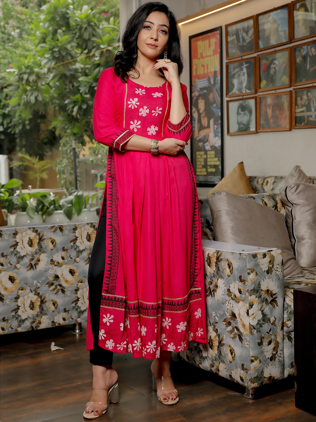 

Indi INSIDE Floral Printed A-Line High Slit Kurta, Pink