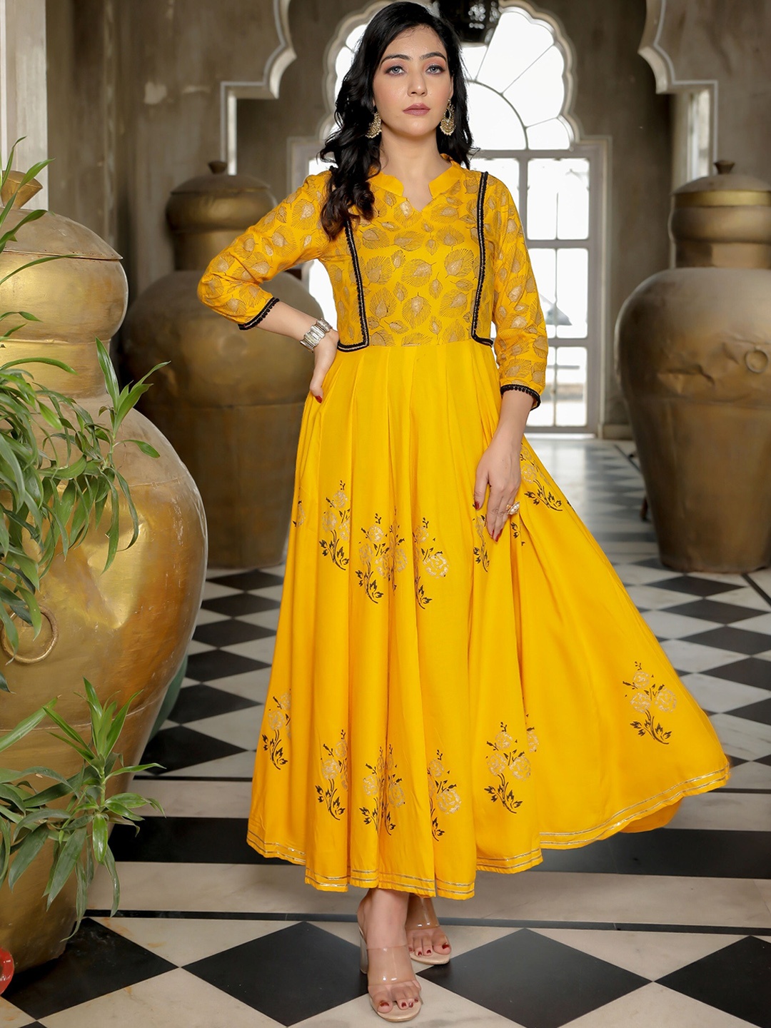 

Indi INSIDE Floral Printed Mandarin Collar Anarkali Panelled Kurta, Mustard