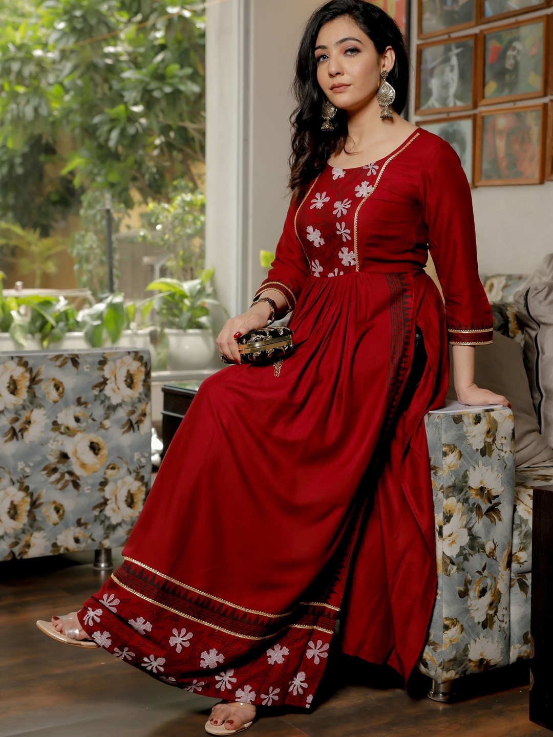 

Indi INSIDE Ethnic Motifs Printed A-Line High Slit Kurta, Maroon