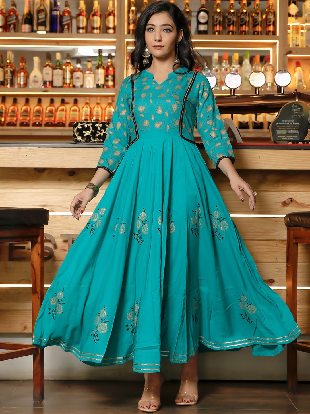 

Indi INSIDE Floral Block Printed Anarkali Panelled Kurta, Teal