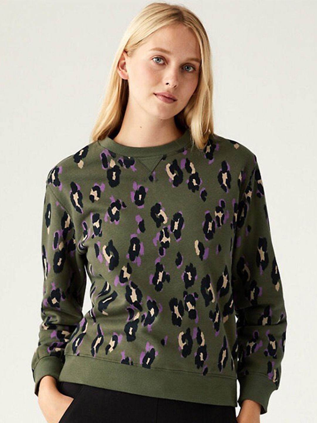 

Marks & Spencer Women Olive Green Printed Sweatshirt