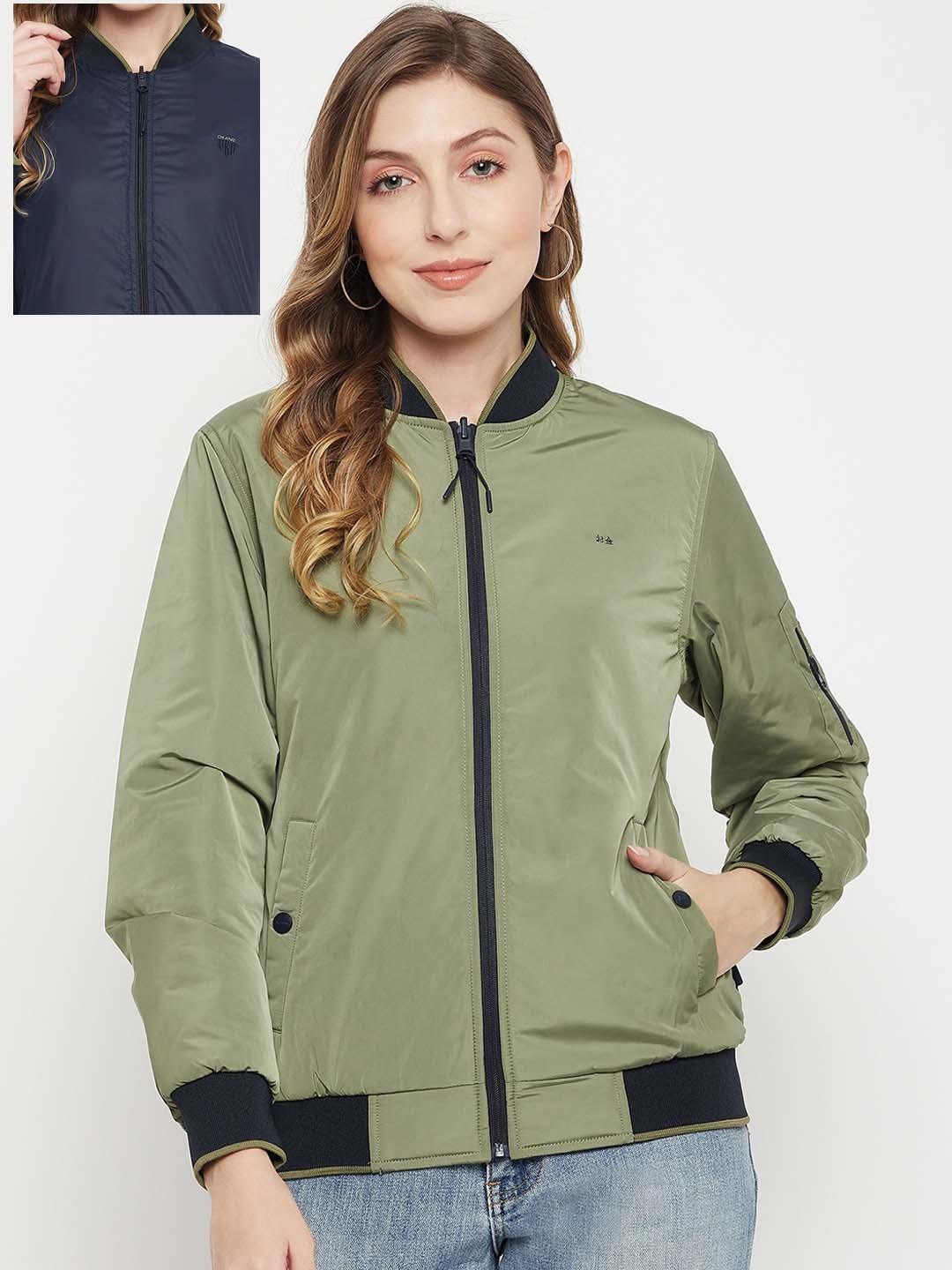 

Okane Women Pack Of 2 Olive Green & Blue Reversible Bomber Jacket