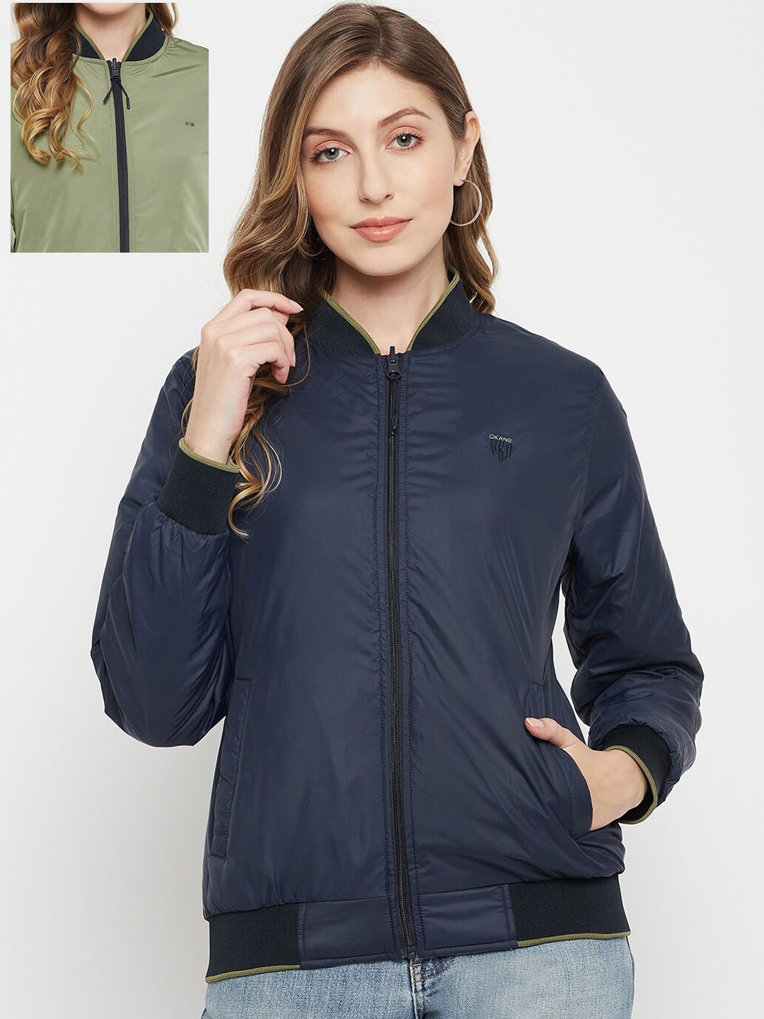

Okane Women Olive Green & Navy Blue Reversible Bomber Jacket