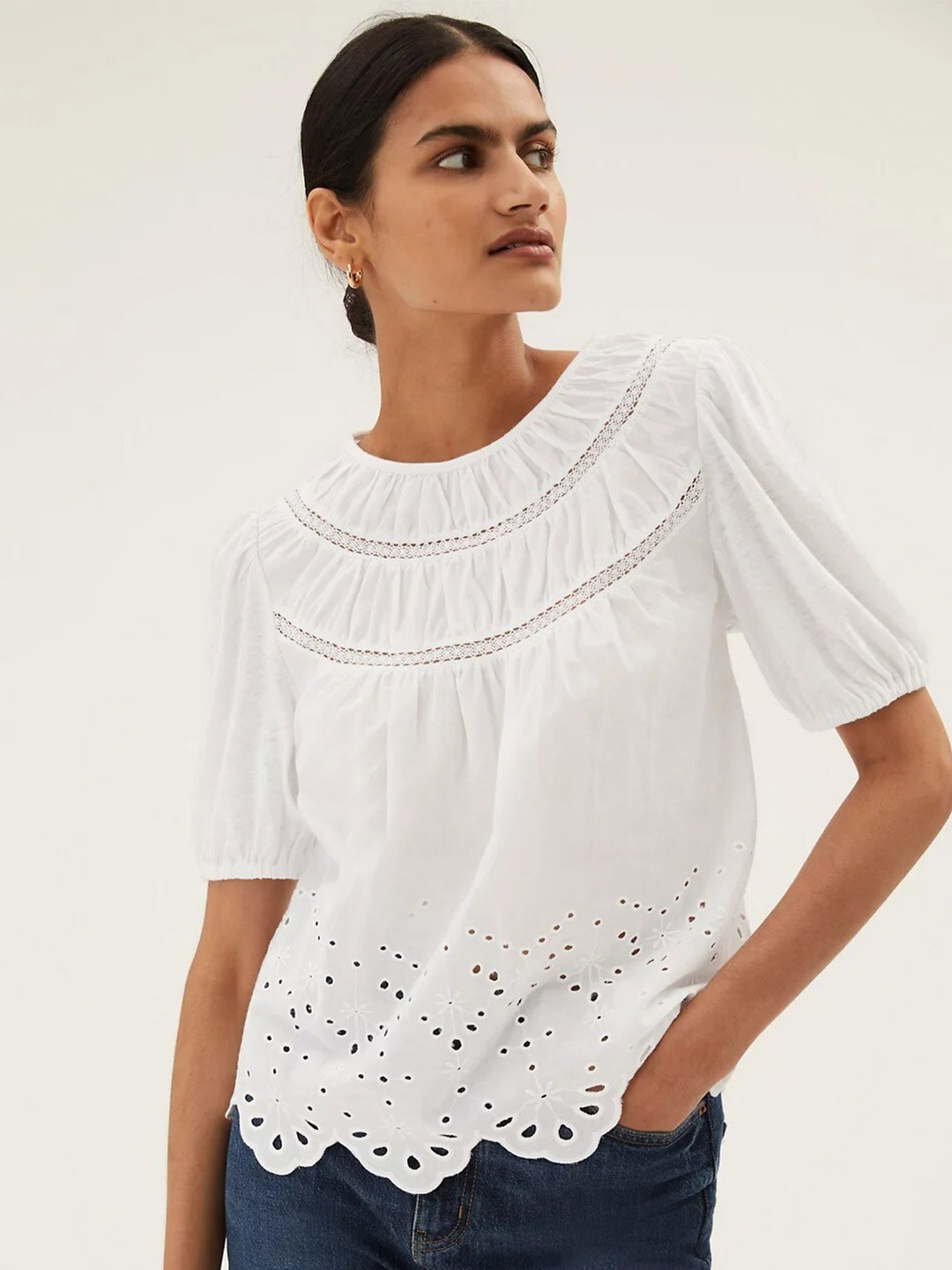 

Marks & Spencer Women Self Design White Cotton Top