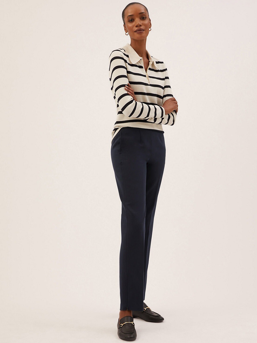 

Marks & Spencer Women Navy Blue High-Rise Pleated Trousers