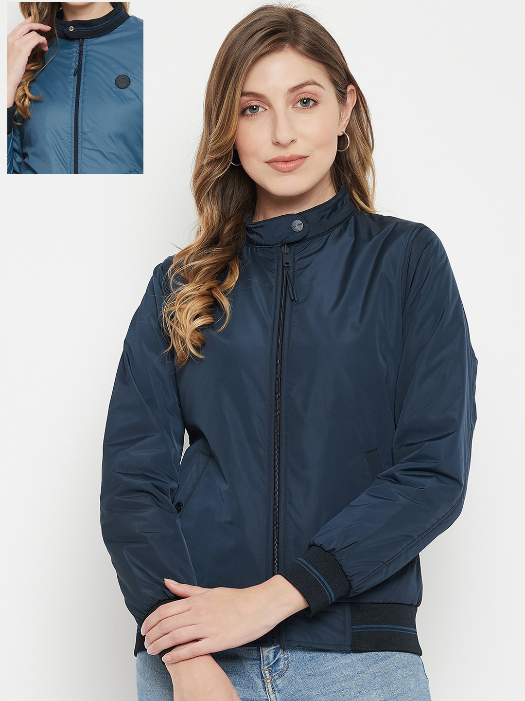 

Okane Women Navy Blue Reversible Bomber Jacket