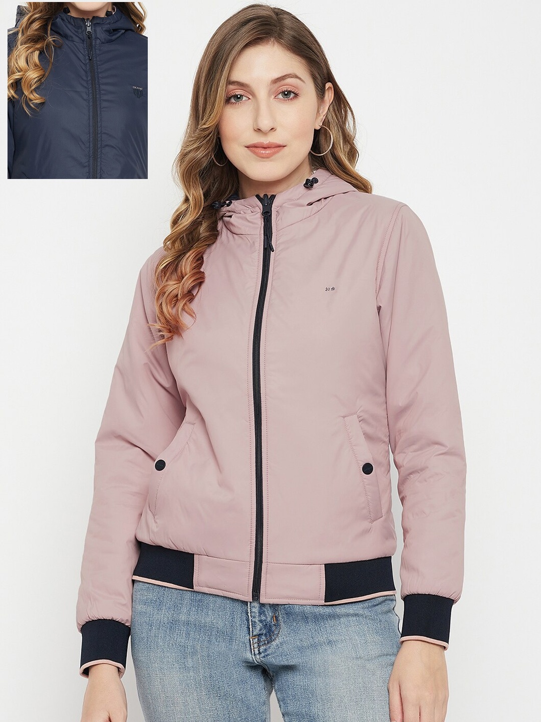 

Okane Women Pink & Navy Blue Reversible Hooded Bomber Jacket