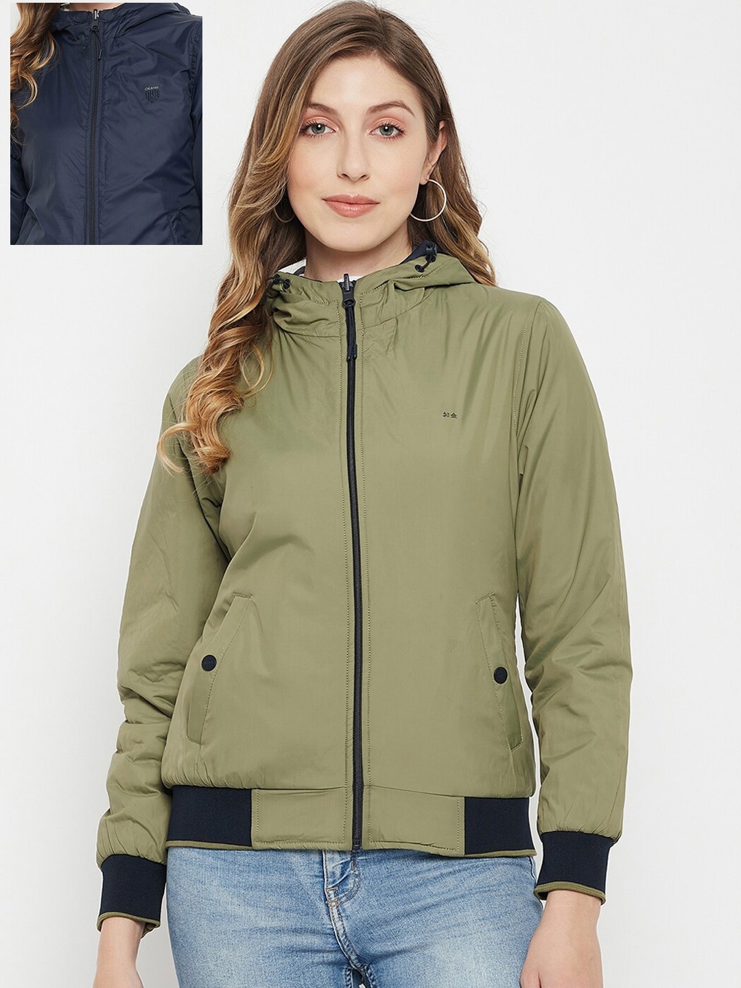 

Okane Women Olive Green & Navy Blue Reversible Hooded Bomber Jacket