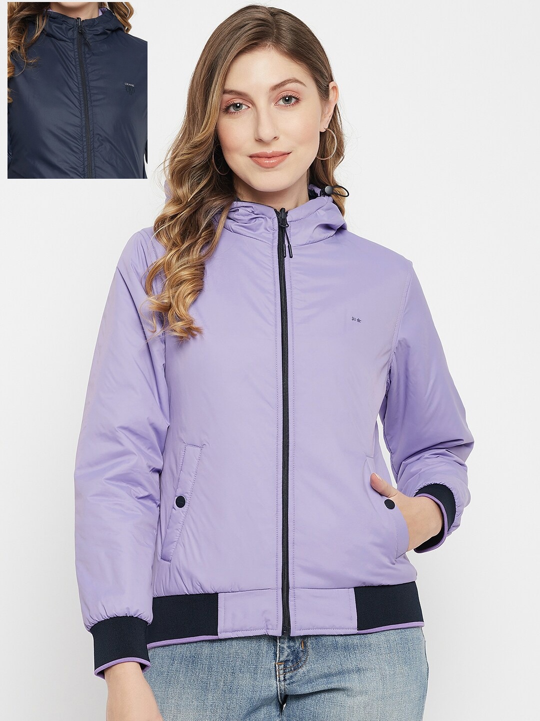 

Okane Women Purple & Navy Blue Reversible Hooded Bomber Jacket