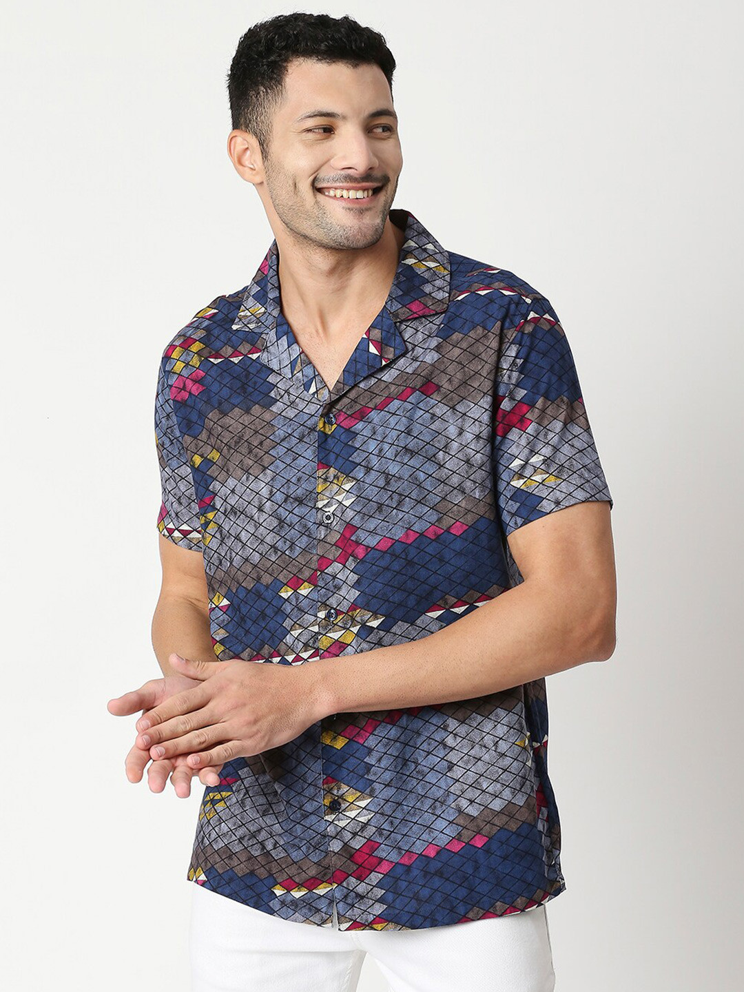 

MOD ECRU Men Navy Blue Boxy Printed Casual Shirt